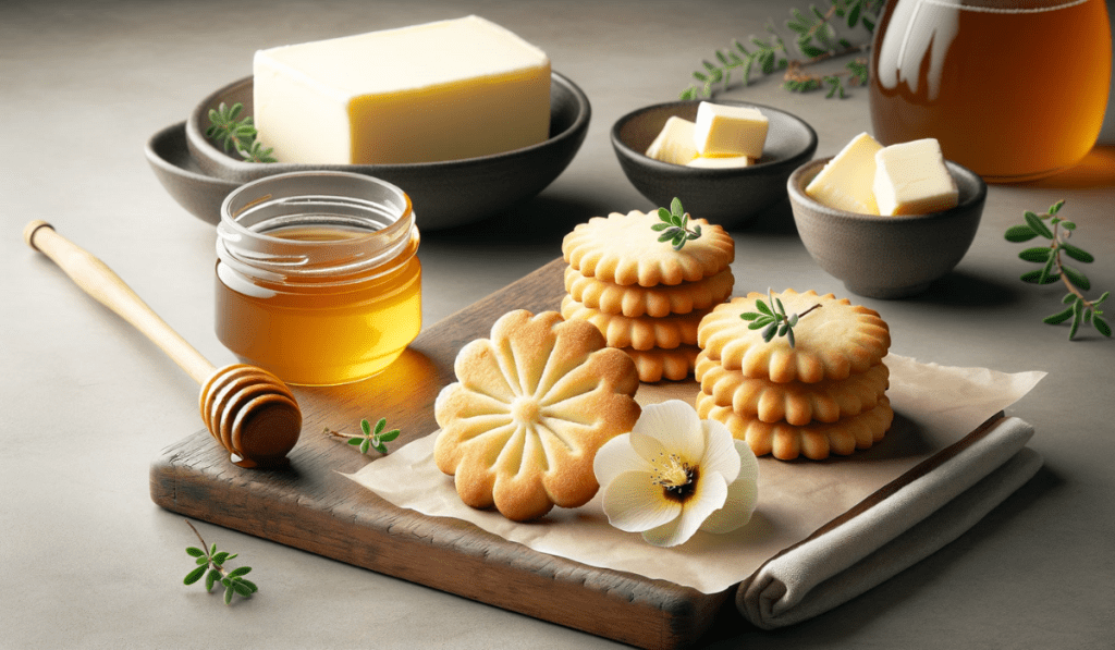 Butterkekse mit Manuka Honig, daneben Butter und Honig