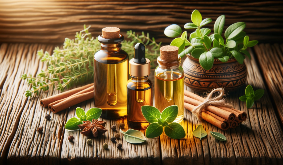 Ätherische Öle: Oregano Öl, Zimtöl und Manuka Öl mit ihren Blättern auf einem Holztisch