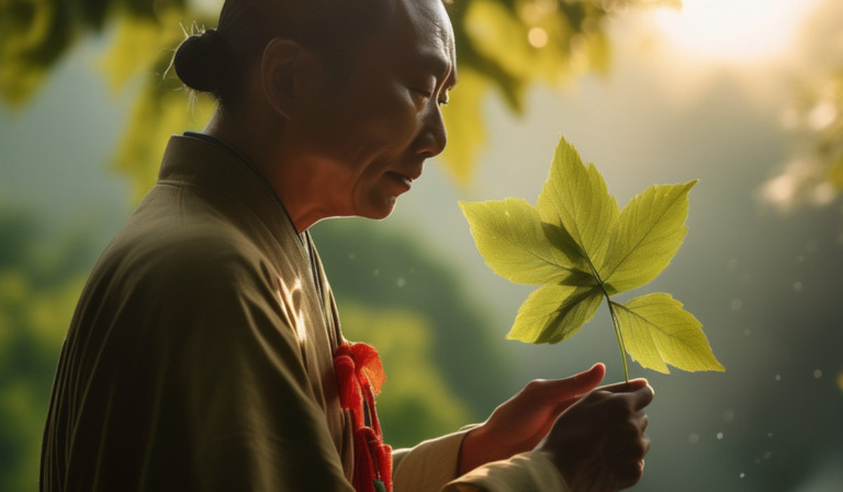 Chinese hält Jiaogulan Blatt in der Hand