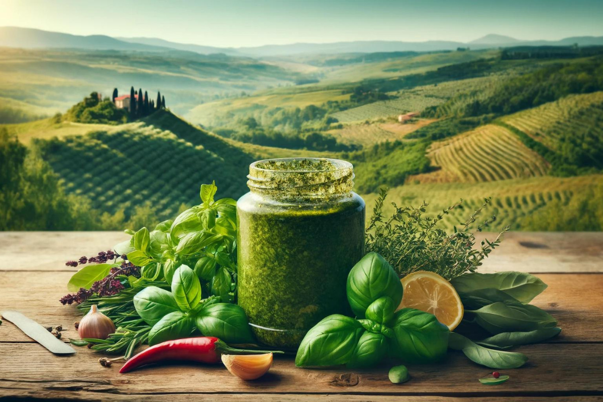 Pesto in einem Glas, daneben Basilikum, Thymian, Zitronenmelisse und Chili, im Hintergrund eine italienische Landschaft