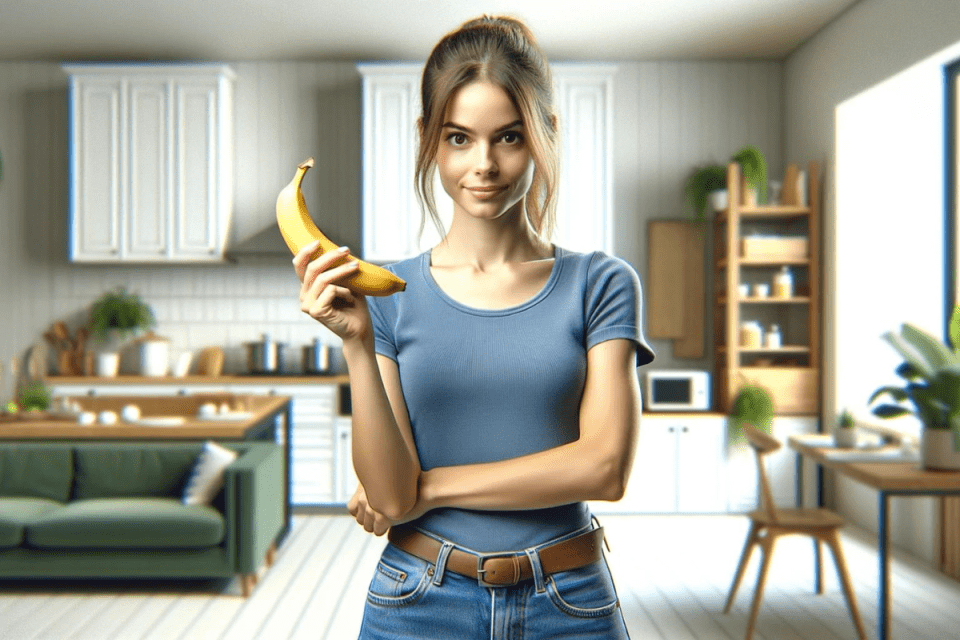 Eine europäische Frau hält eine Bananen in der Hand