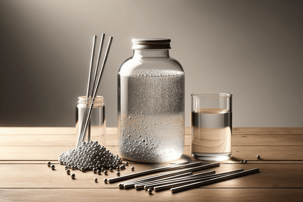 Kolloidales Silber in einer Glasflasche, daneben Silberstäbe und destilliertes Wasser auf einem Tisch