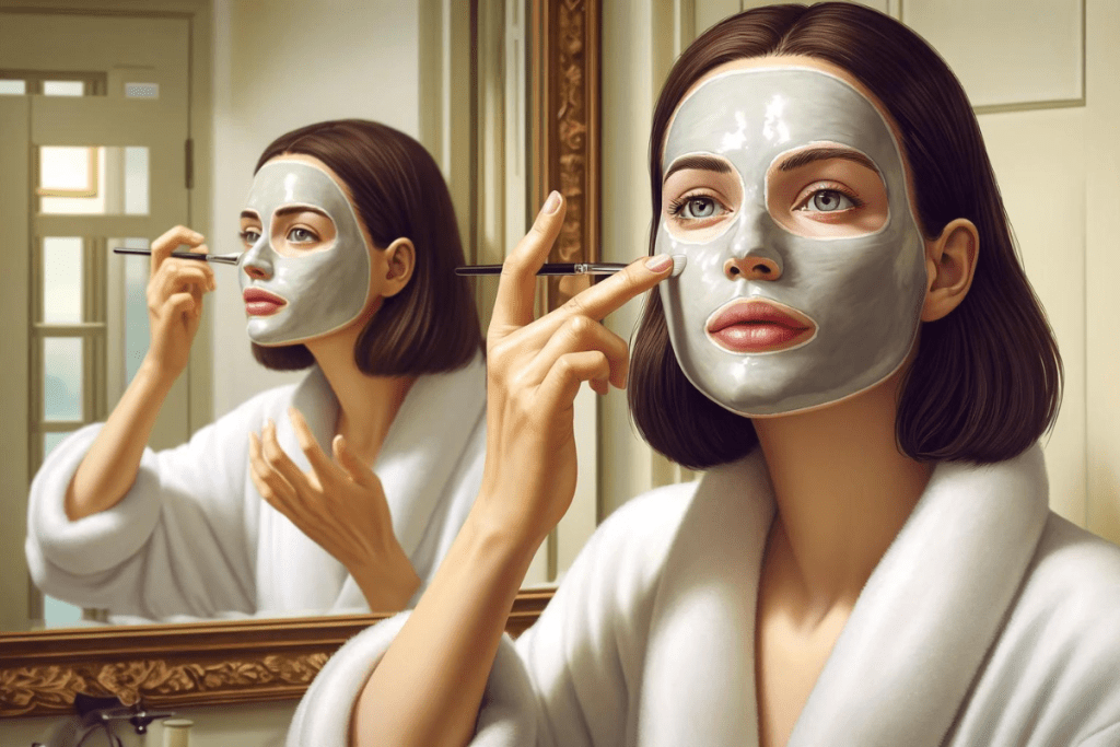 Eine Frau mit einer Peel off Maske im Gesicht

