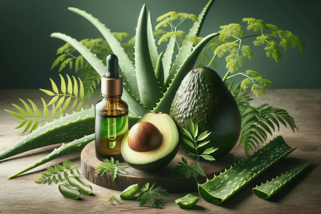 Ätherisches Öl in einer Tropfflasche, daneben eine aufgeschnittene Avocado, Aloe Vera Blätter und Zweige der wilden Karotte