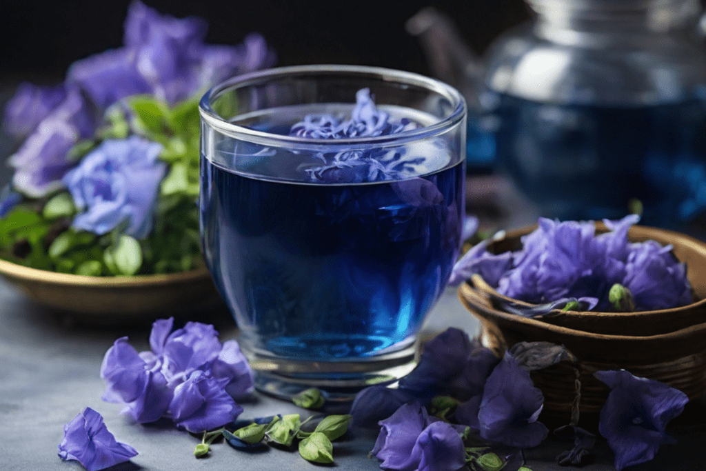 Blauer Tee in Glastasse, daneben Blüten von der Schmetterlingserbse
