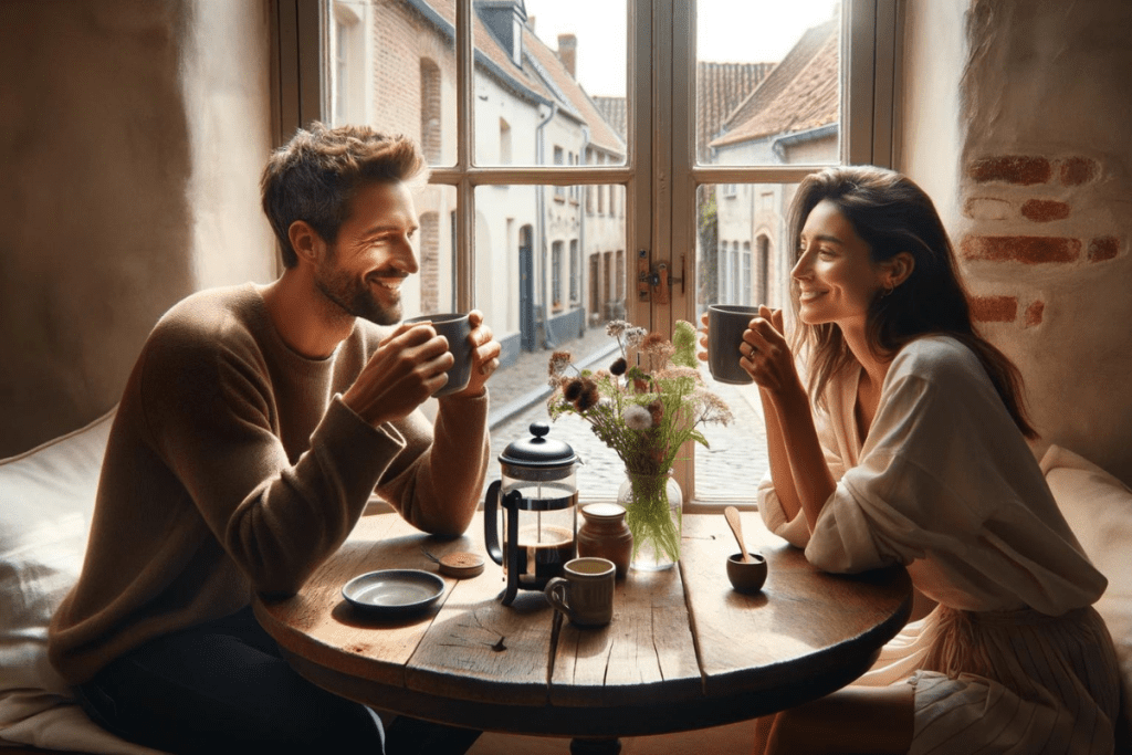 Ein europaeisches Paar trinkt am Morgen zusammen einen Kaffee