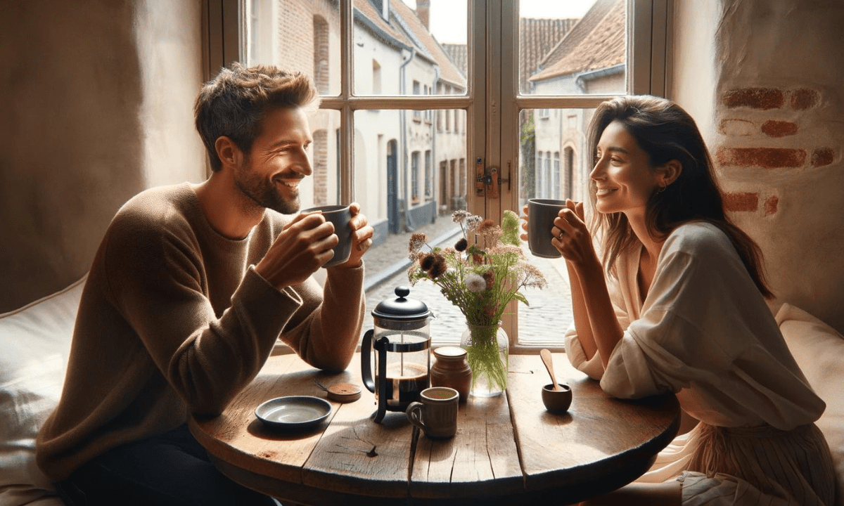 Ein europaeisches Paar trinkt am Morgen zusammen einen Kaffee