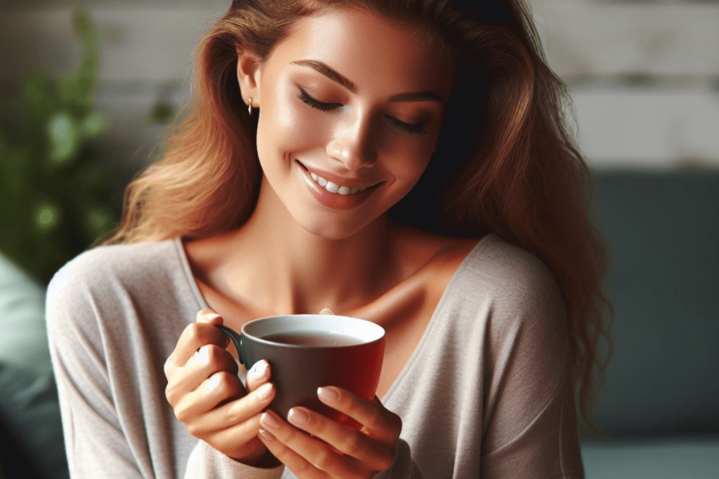 Eine europäische Frau genießt eine Tasse Tee