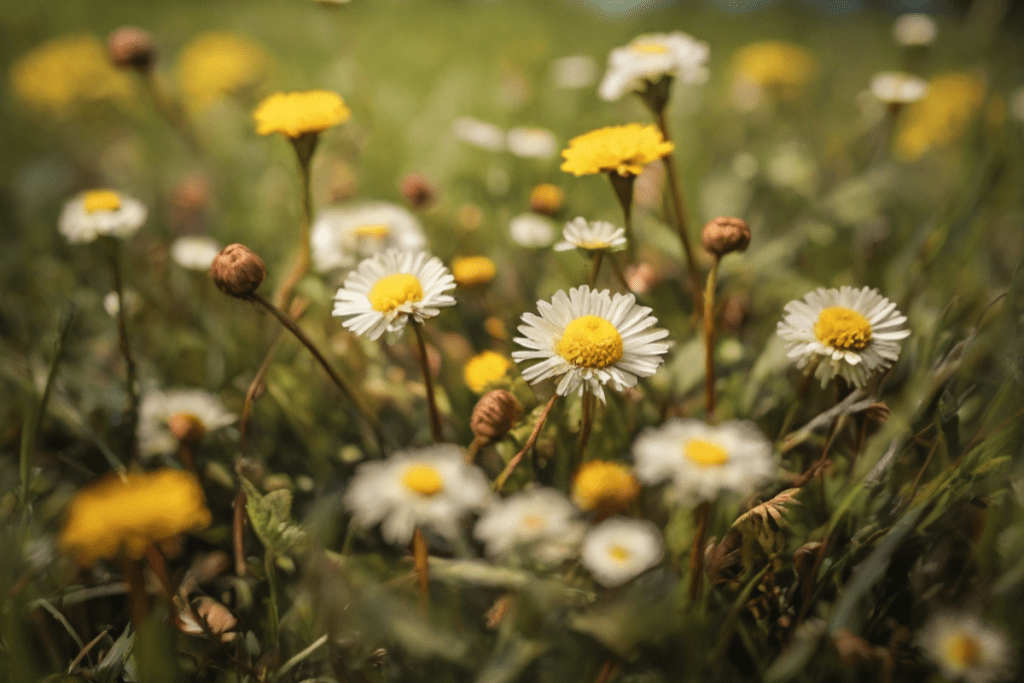 Kleine Gänseblümchen und Löwenzahn auf einer Wiese im Frühjahr