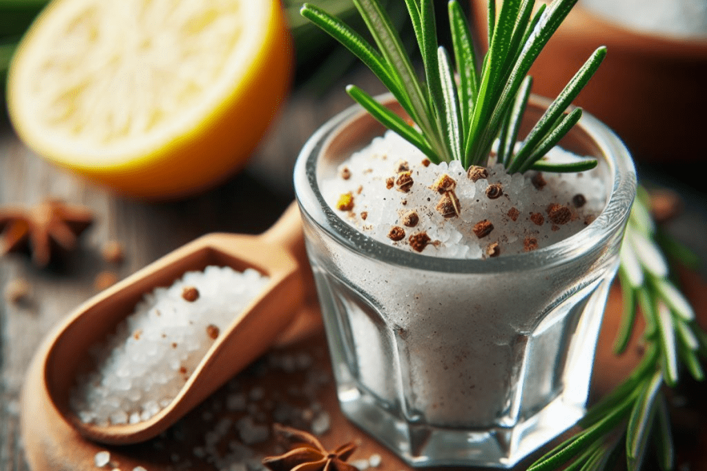 Rosmarin Gewürzsalz selner machen -Salz im Glas, daneben frischer Rosmarin und abgeriebene Zitronenschale