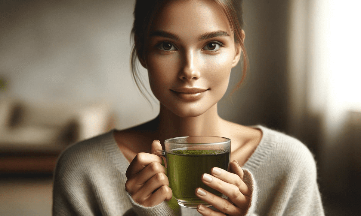 Eine Frau trinkt grünen Tee