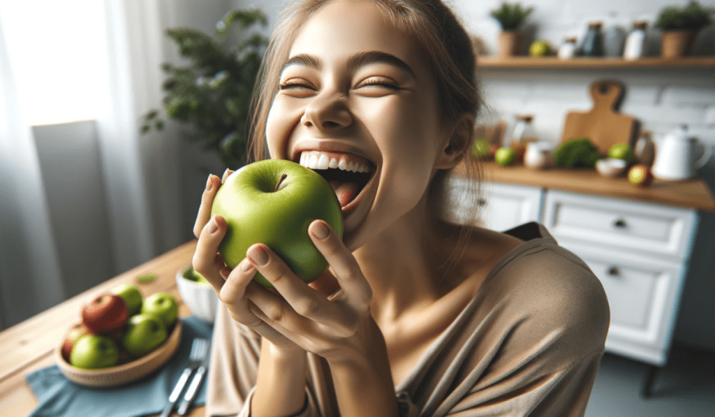 Frau genießt Apfel ohne Pestizide