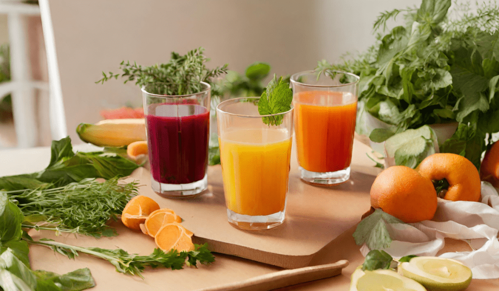 Obstsaft und Gemüsesaft mit Kräutern zum Saftfasten