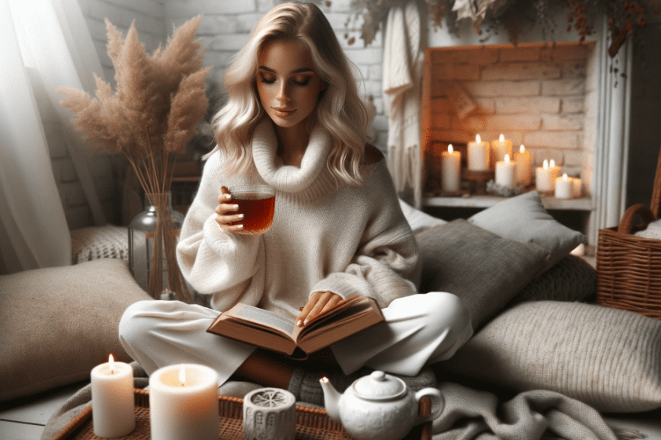 Selbstfuersorge-lernen-Frau-liest-ein-Buch-bei-Kerzenschein