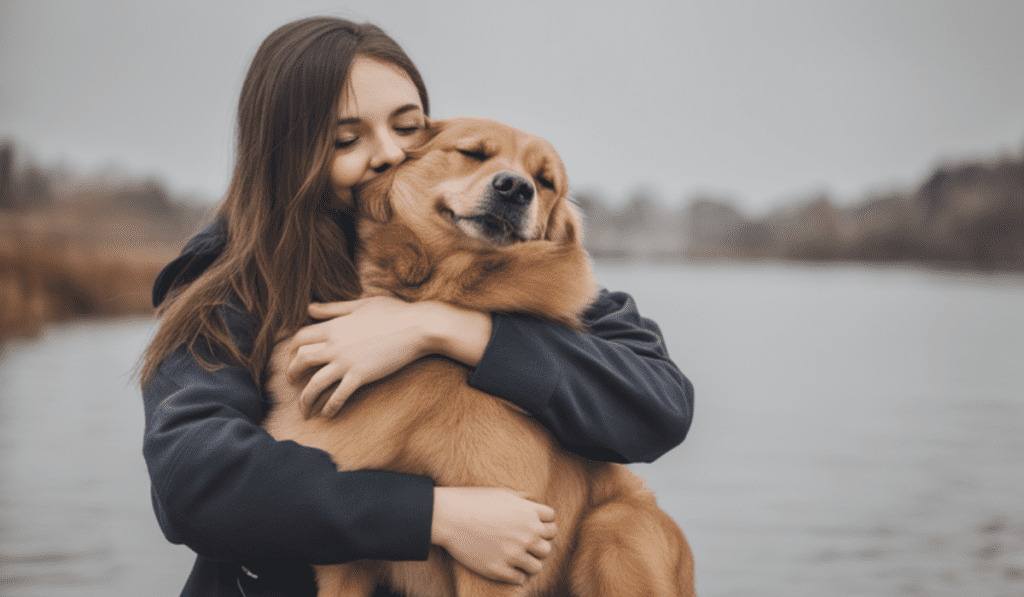 Umarmungen von Mädchen mit Hund