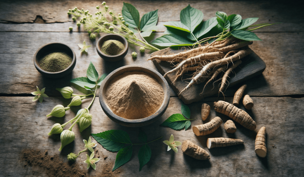 Ashwagandha mit Wurzeln, Blüten, Blättern und Pulver