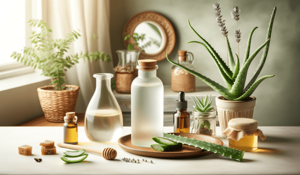 Eine Flasche selbstgemachtes Gesichtswasser, umgeben von Aloe Vera, einem kleinen Fläschchen Arganöl, einem Glas Honig und einer Flasche Lavendelöl