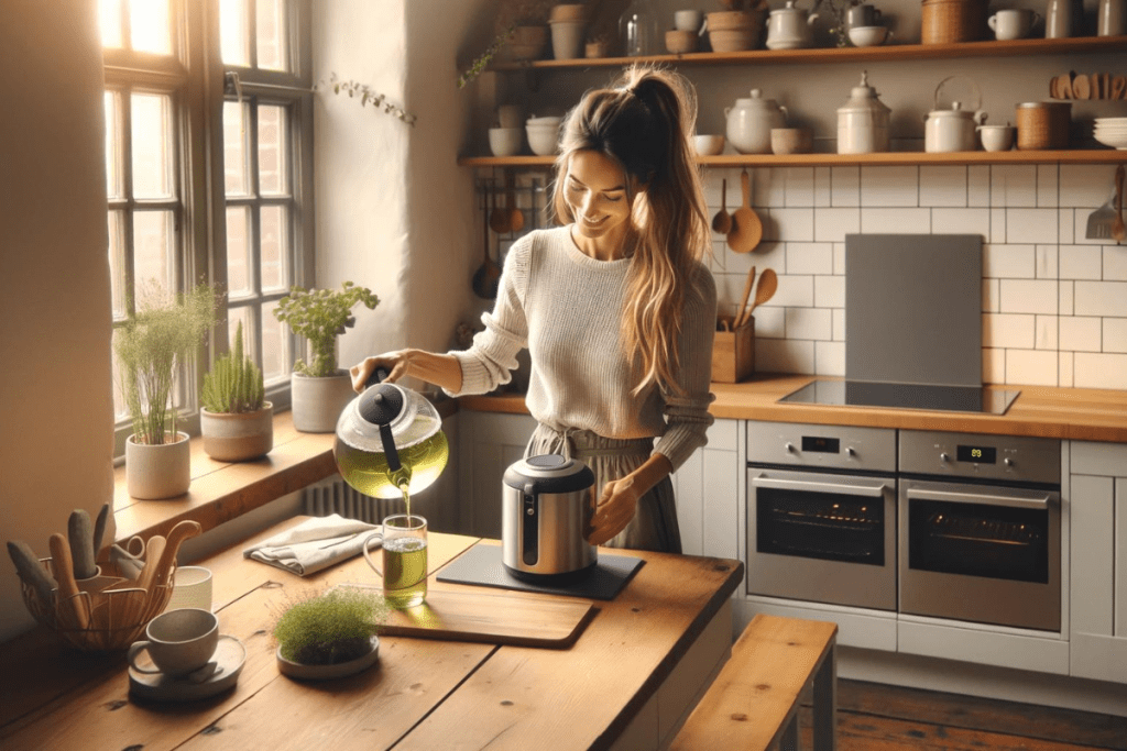 Eine Frau bereitet grünen Tee in ihrer Küche zu, um Immunsystem zu stärken