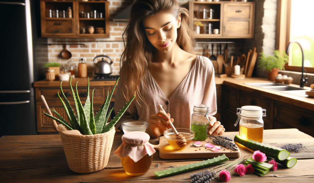 Eine Frau, die in ihrer Küche Gesichtswasser selber macht. Auf dem Tisch Aloe Vera, Rosenwasser, Honig, Jojobaöl und Lavendel.