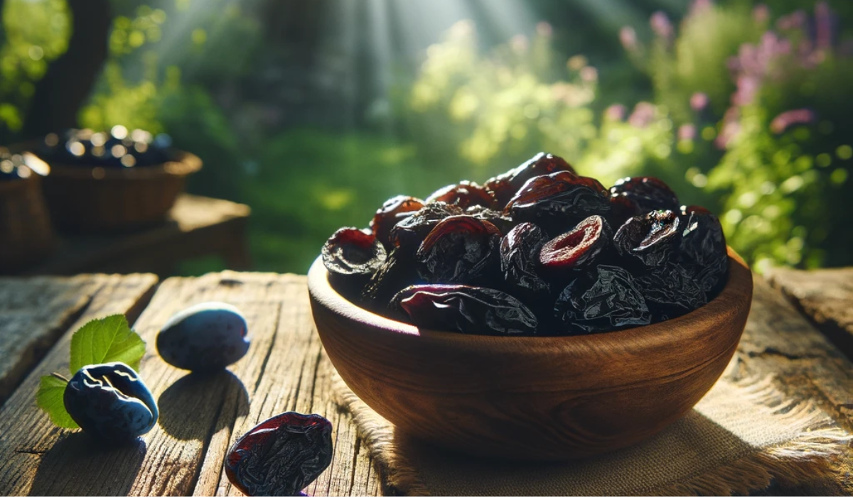 Eine Schale mit Trockenpflaumen in der Sonne