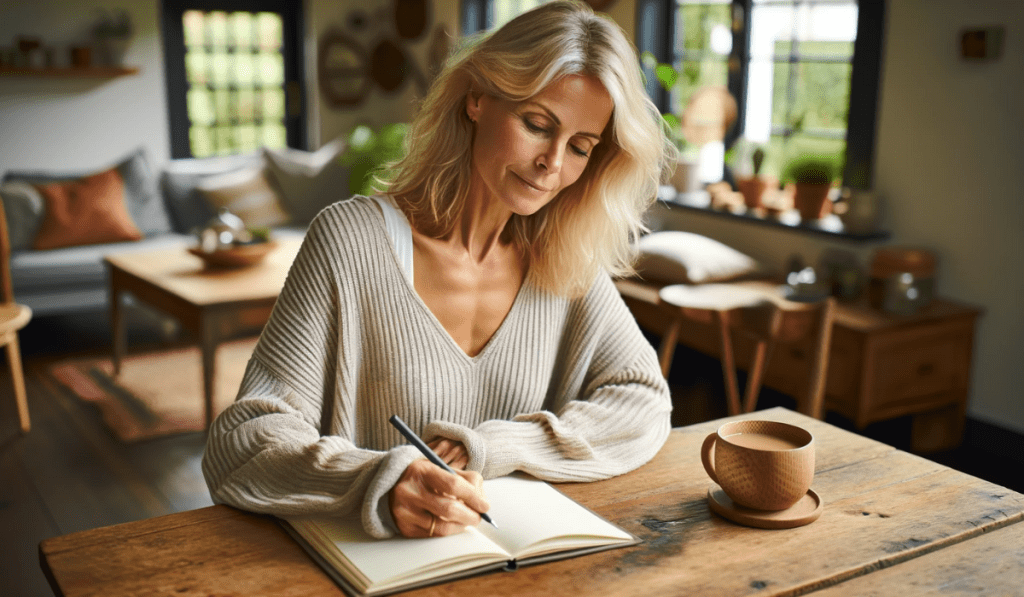 Frau am Tisch mit einer Tasse Tee schreibt am IKIGAI Konzept