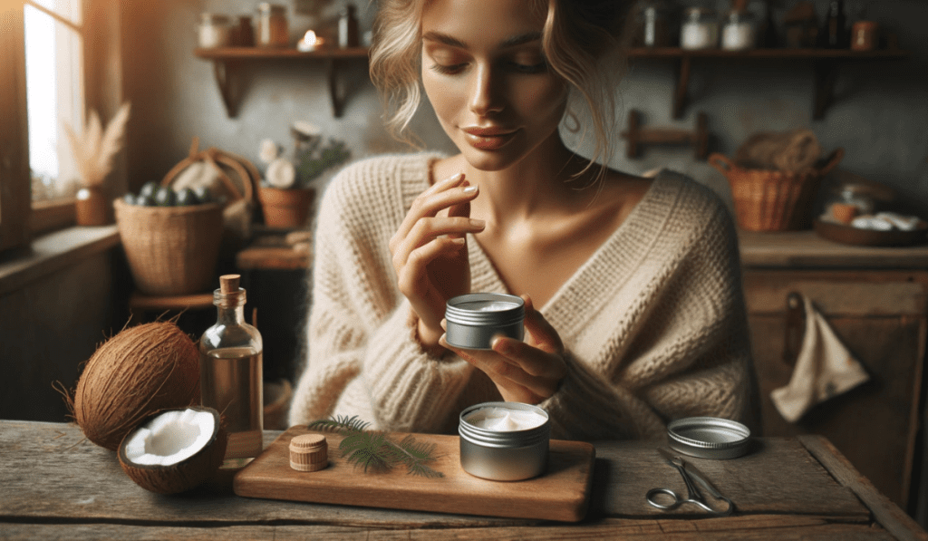 Frau bereitet Kosmetik aus Kokosöl zu