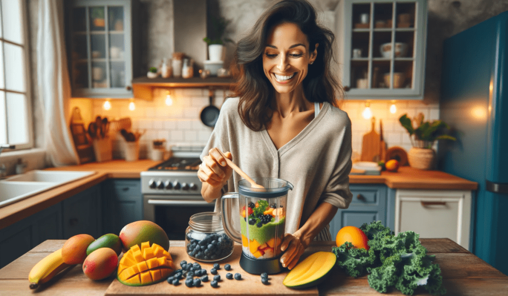 Frau, die einen Smoothie mit einem Blender in ihrer Küche herstellt.