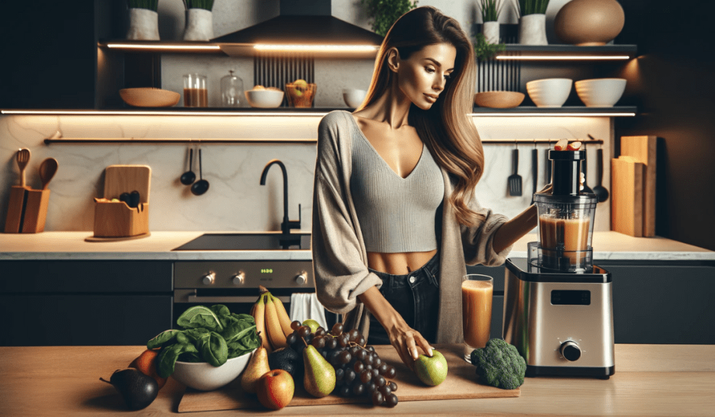 Frau, die einen Smoothie mit einer Zentrifuge in ihrer Küche herstellt.