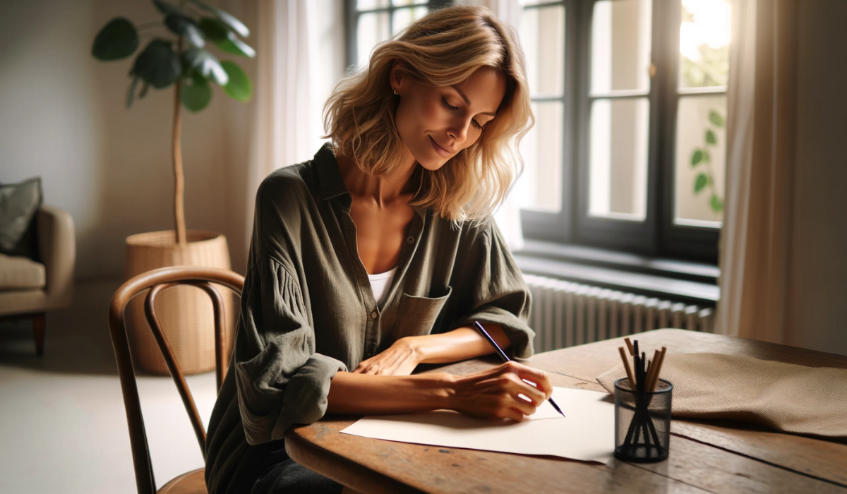 Frau, die mit einem Stift in der Hand vor einem Blatt Papier sitzt und üner IKIGAI nachdenkt