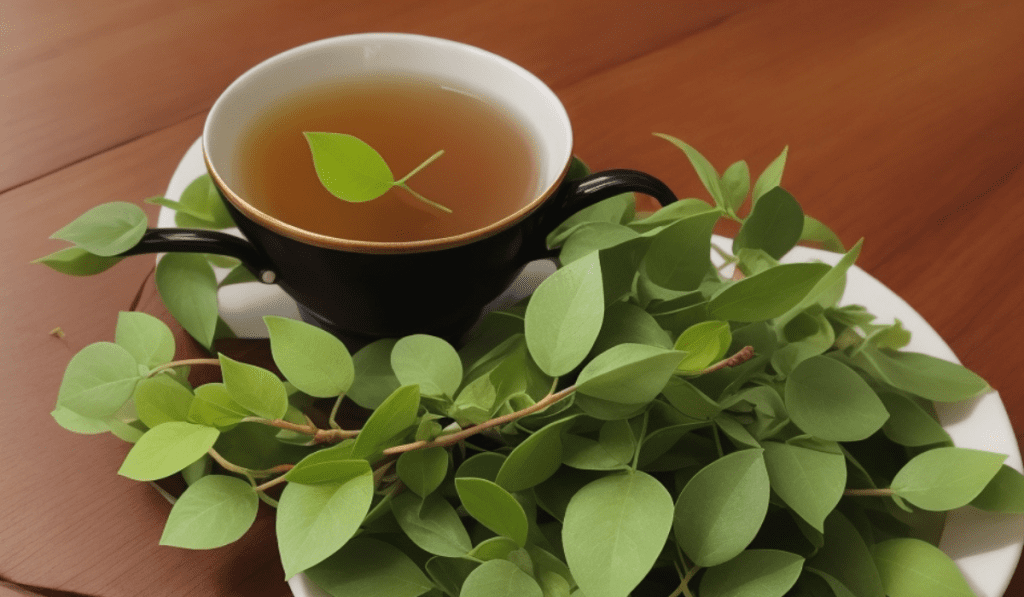 Gurmar - Gymnema sylvestre - Pflanzen und Tee auf Holztisch