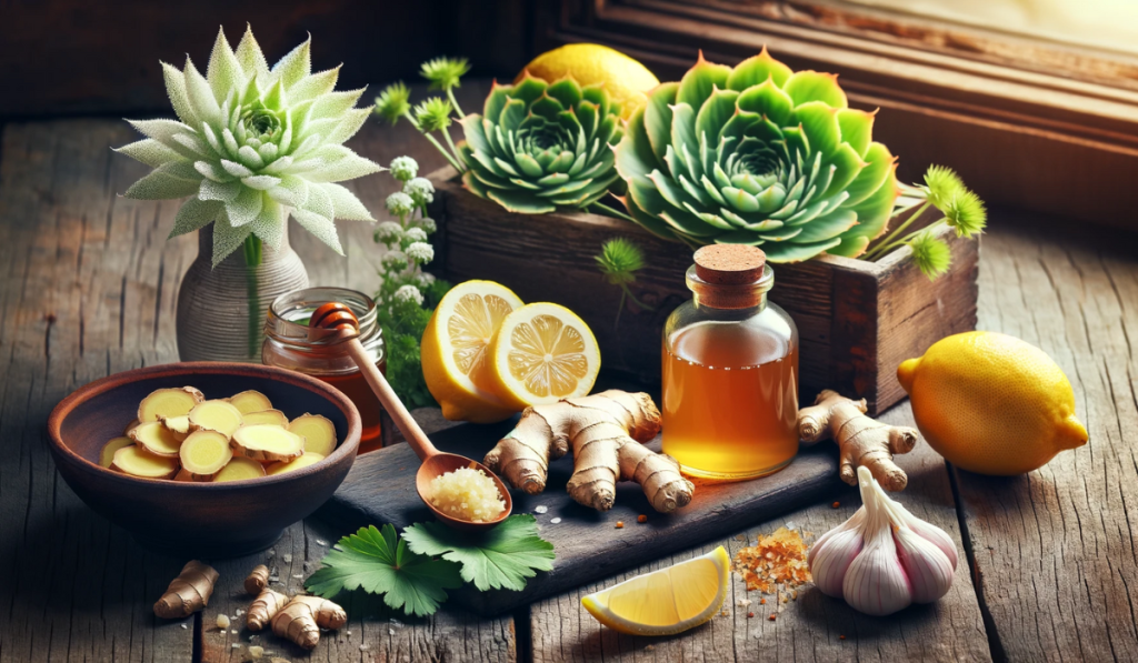 Hausmittel gegen Halsschmerzen, dazu Ingwer, Zitrone, Honig, Meerrettich und Hauswurz mit einer Flasche Tinktur auf einem Holztisch