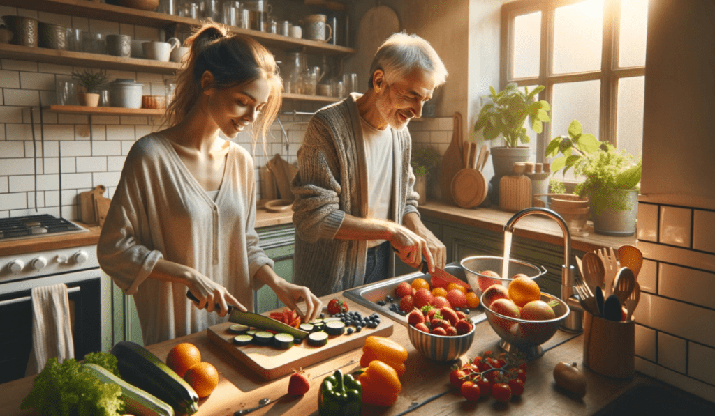 Paar bereitet Obst und Gemüse zu zum Immunsystem stärken