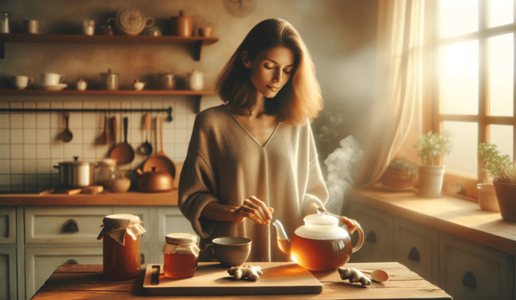 Eine Frau die einen Tee aus Ingwer fuer die Lunge zubereitet