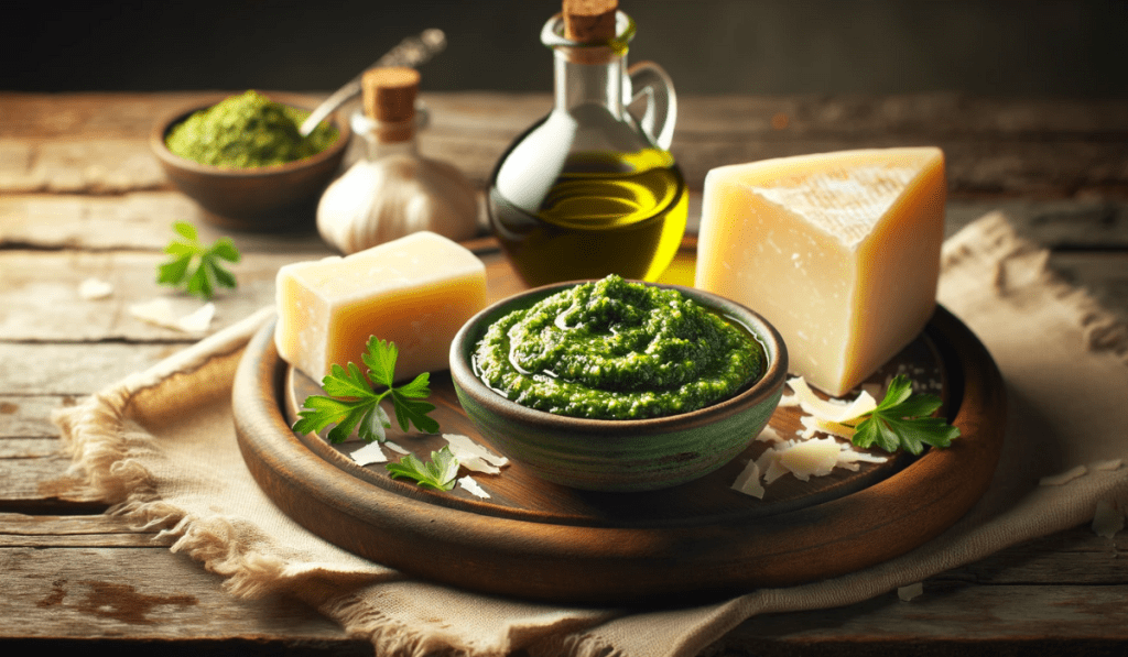 Petersilien Pesto, Parmesan und Öl, arrangiert auf einem Holztisch