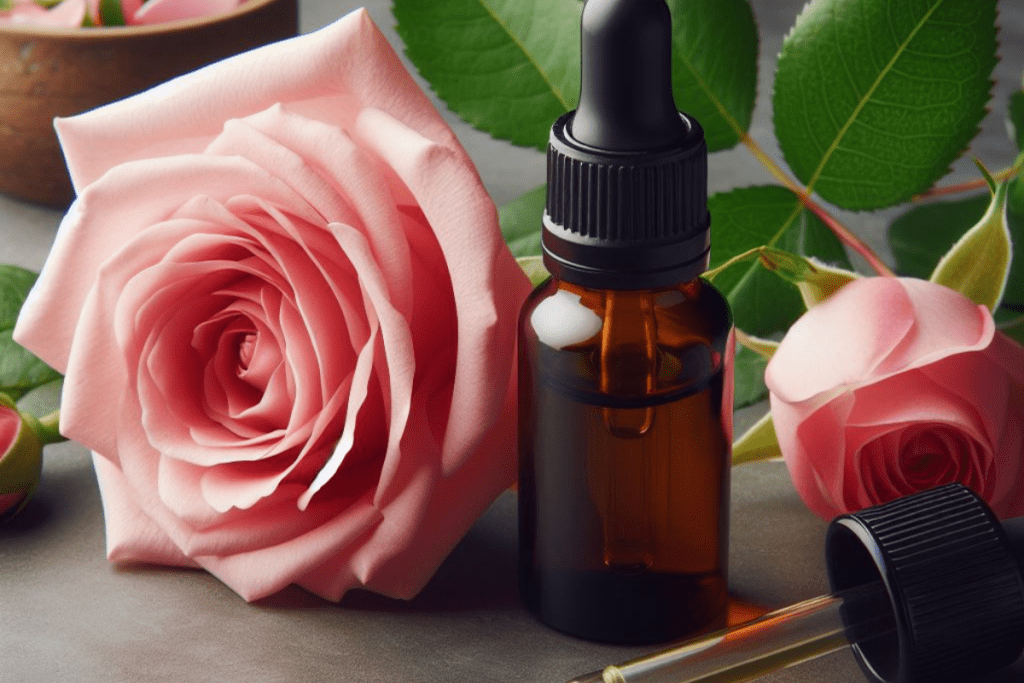 Ätherisches Rosenöl in einer Tropfflasche, daneben ein Zweig von einer Rose