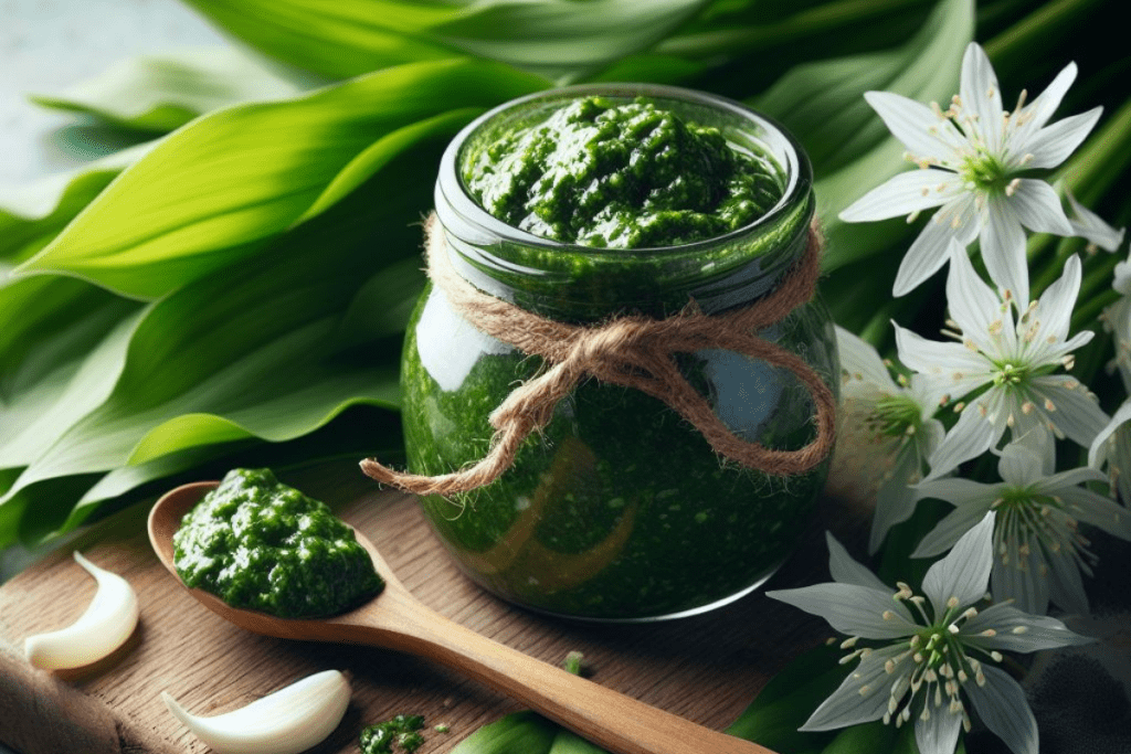 Bärlauch Pesto, daneben Bärlauch Blätter