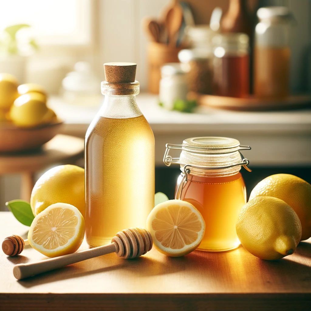 DALL·E 2024 02 02 17.00.50 A bright and clear image featuring apple cider vinegar honey and lemons arranged neatly on a wooden table. The scene is bathed in soft natural ligh 1 webp