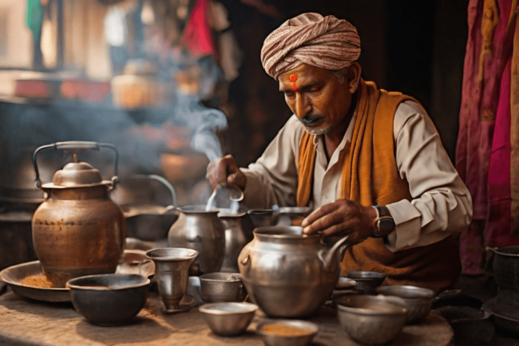 Ein indischer Mann bereitet Chai für seine Familie zu