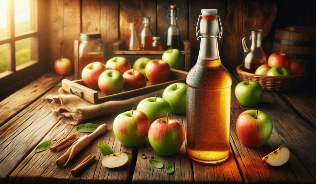 Eine Flasche mit Apfelessig, daneben Äpfel auf einem Holztisch