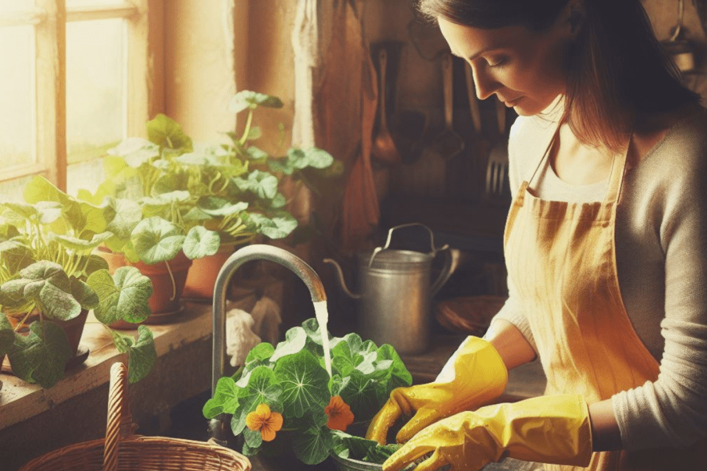 Eine Frau bereitet Kapuzinerkresse in ihrer Küche vor