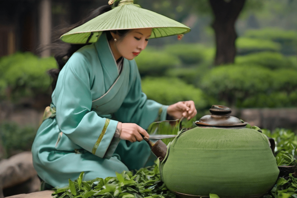 Eine chinesische Frau bereitet traditionell grünen Tee zu