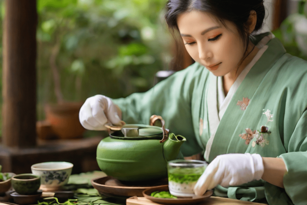 ine japanische Frau bereitet grünen Tee zu