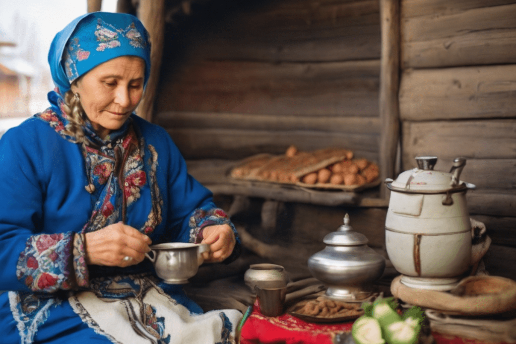 Eine russische Großmutter bereitet Tee im Samowar