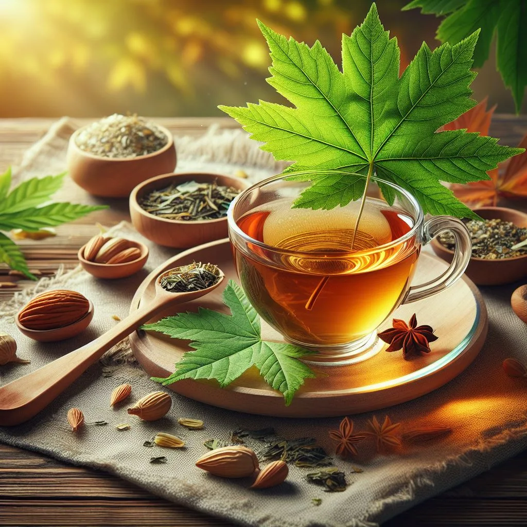 Tee in einer Glastasse, daneben grüne Blätter vom Ahorn auf einem Tisch