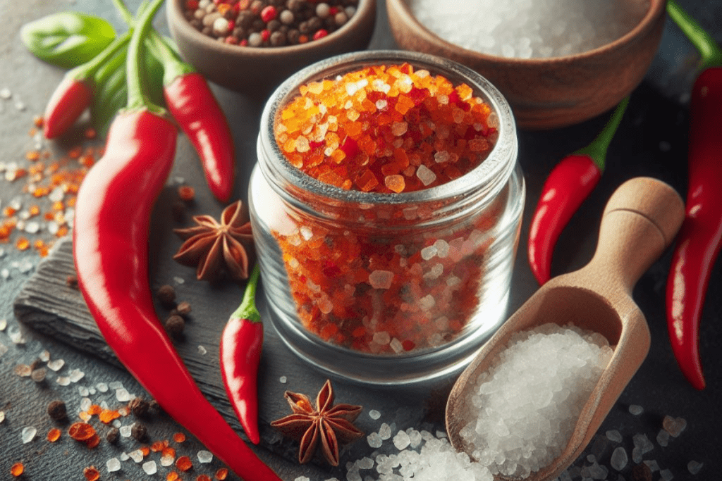 Gewürzsalz selber machen - Chili Gewürzsalz im Glas, daneben grobes Himalaya Salz und Chilischoten