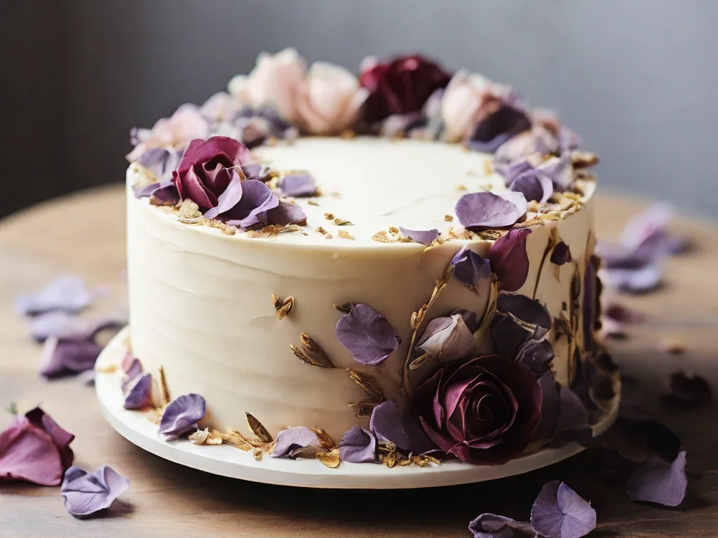 Wenige getrocknete Rosenblüten und Lavendelblüten auf einem Kuchen