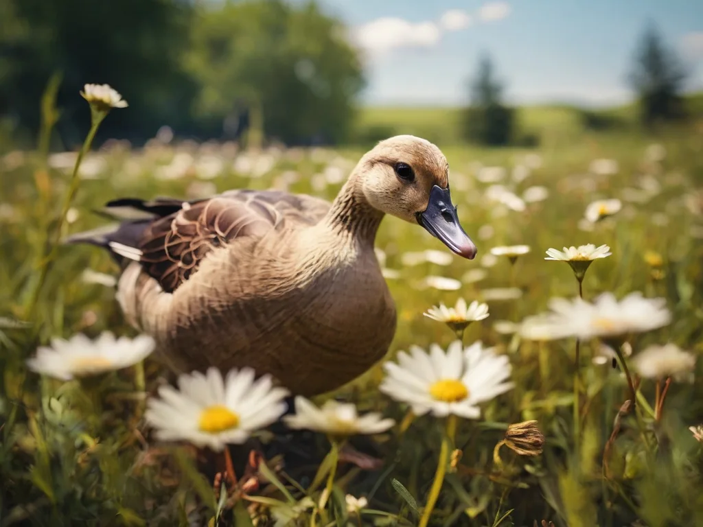 Kleine Gänseblümchen auf einer Wiese mit einer Gans