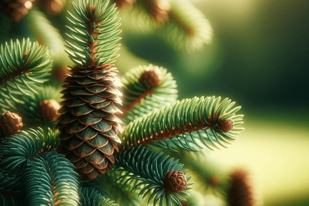 Ein Tannenbaum mit Zapfen in Nahaufnahme