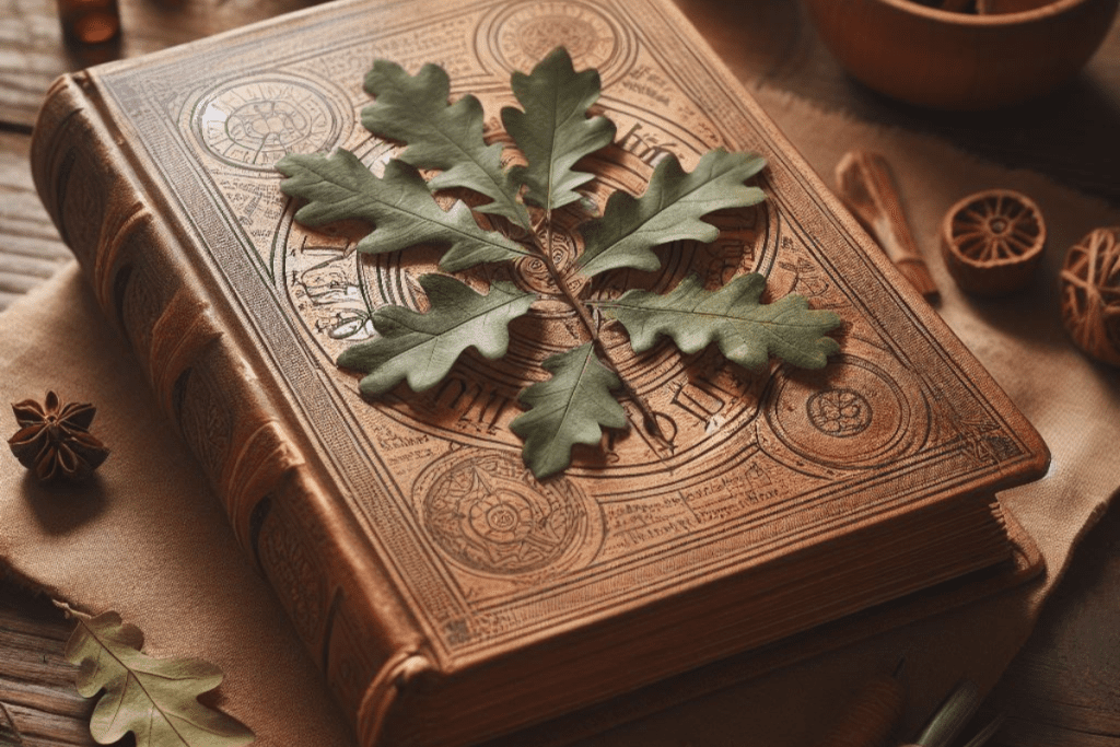 Ein altes Heilbuch, daneben Eichenblätter auf einem Holztisch