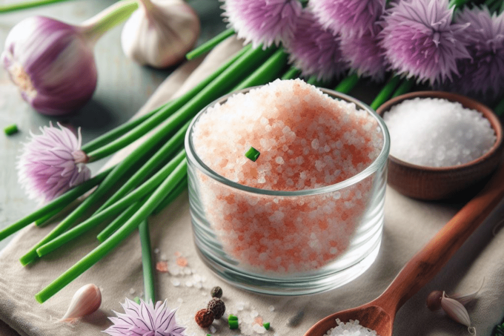 Gewürzsalz selber machen- Gewürzsalz im Glas, daneben frische Schnittlauchblüten und Schnittlauch